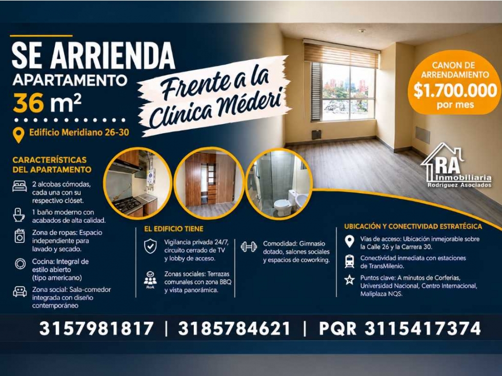 APARTAMENTO EN ARRIENDO CON CLOSETS FRENTE A LA CLINICA MEDERI BOGOTA