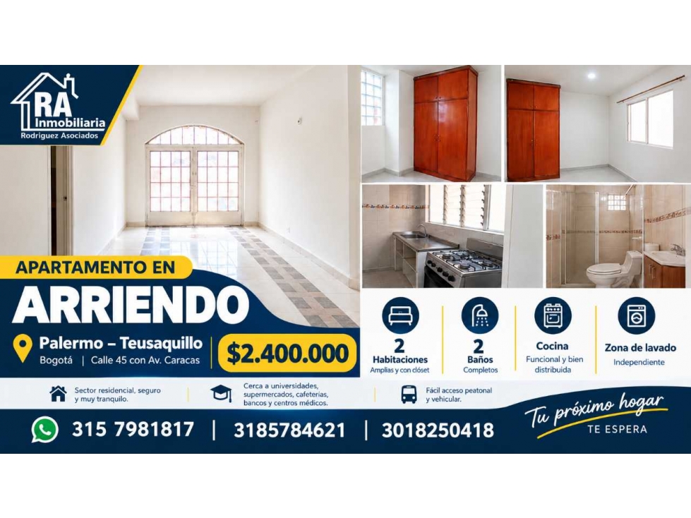 APARTAMENTO EN ARRIENDO EN TEUSAQUILLO 2 HAB 2 BAÑOS
