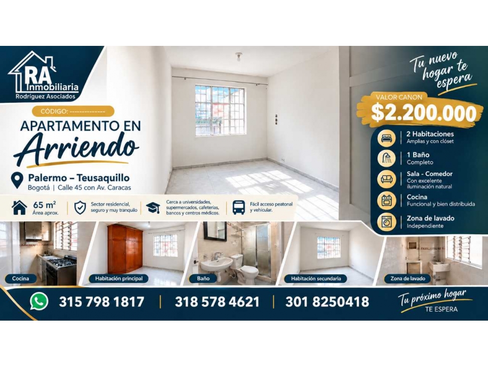 APARTAMENTO EN ARRIENDO PALERMO, TEUSAQUILLO 2 HABITACIONES 1 BAÑO