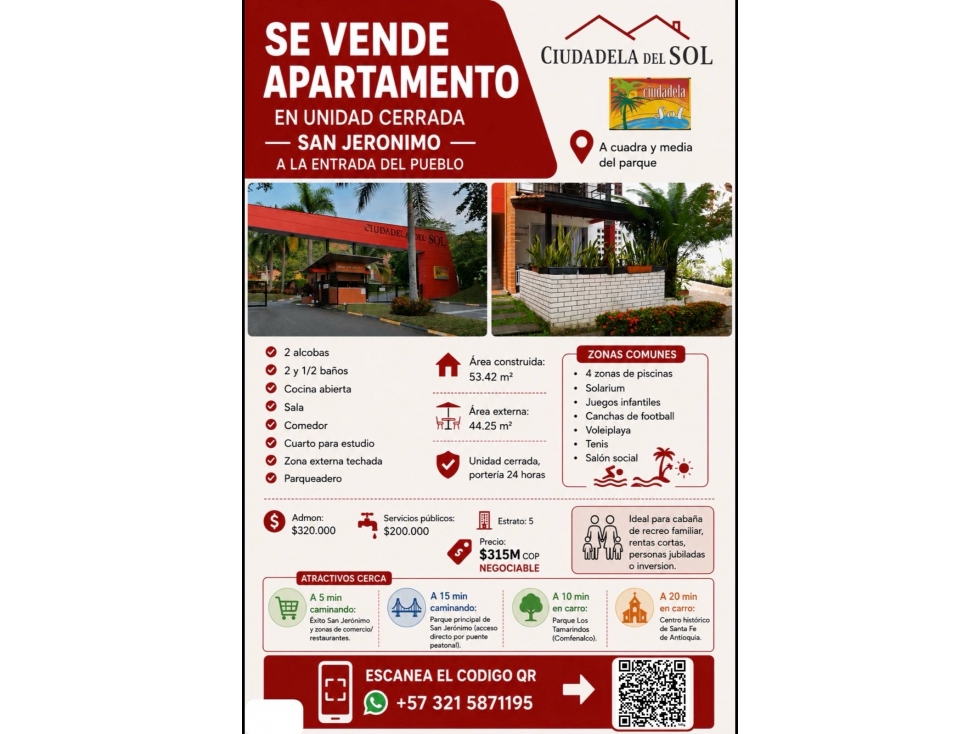Apartamento en unidad cerrada SanJeronimo. Cerca al parque