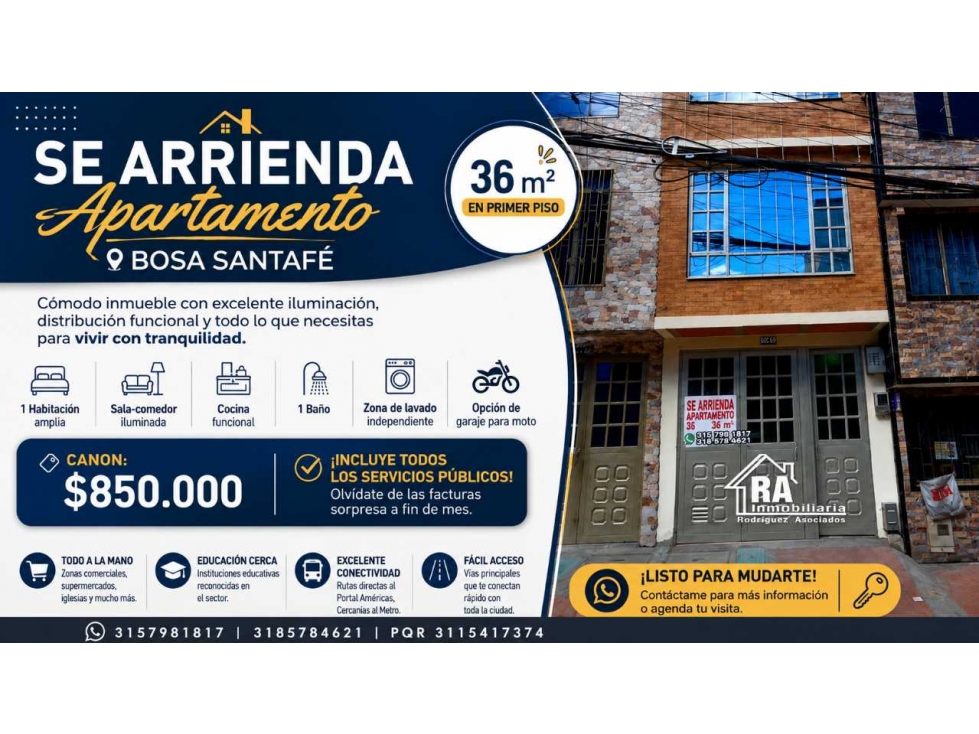 ARRIENDO DE APARTAMENTO INDEPENDIENTE EN BOSA SANTA FE 1 HABITACION