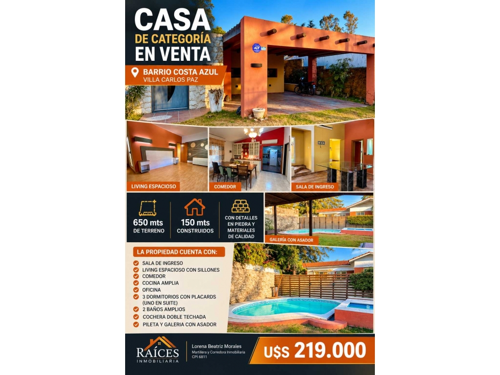 CASA DE CATEGORIA, 3 DORM, PILETA. B COSTA AZUL