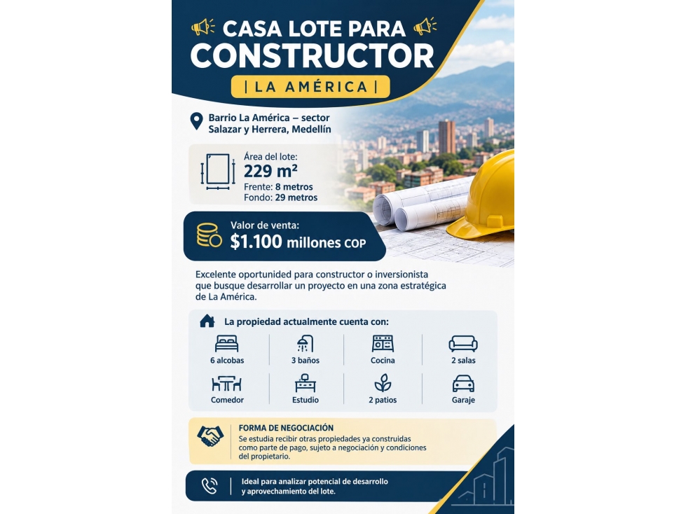 Casa Lote 229 m² en La América $1.100 Millones para Constructor - 1