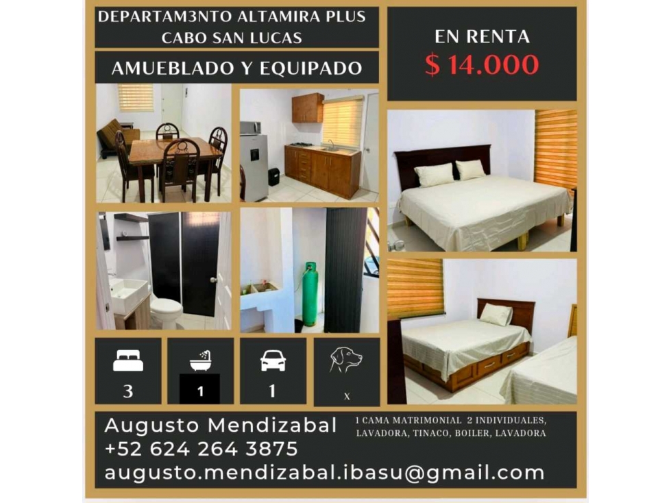 Departamento en renta Altamira Plus,.Cabo San Lucas