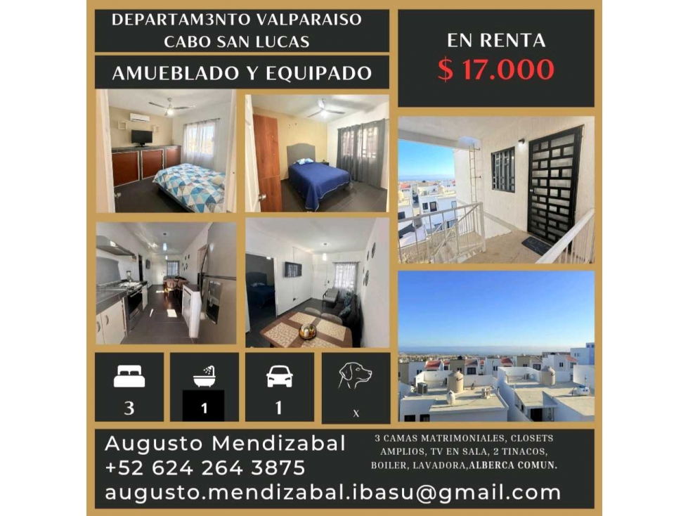Departamento en renta en privada Valparaiso,.Cabo San.Lucas. - 1