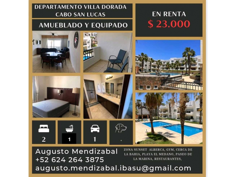 Departamento en renta en Villa Dorada. Sunset. Cabo San Lucas - 1
