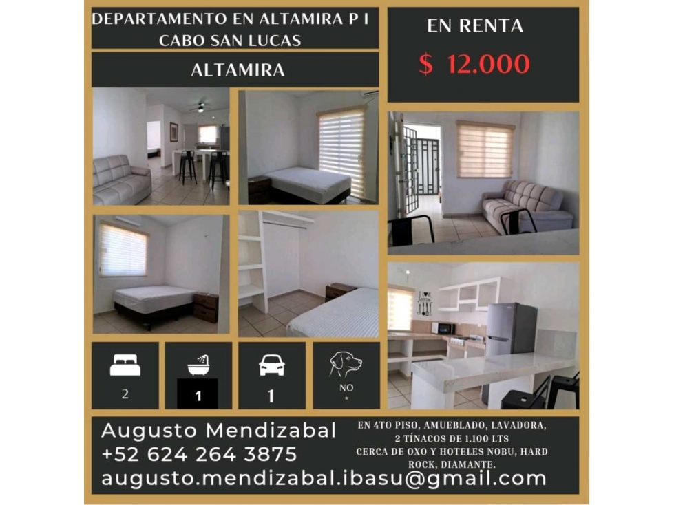 En renta departamento en Altamira Plus1. Cabo.san Lucas