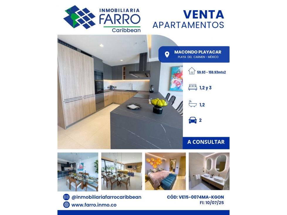 EN VENTA APARTAMENTOS MACONDO PLAYACAR MEXICO VE15-0074MA-KGON