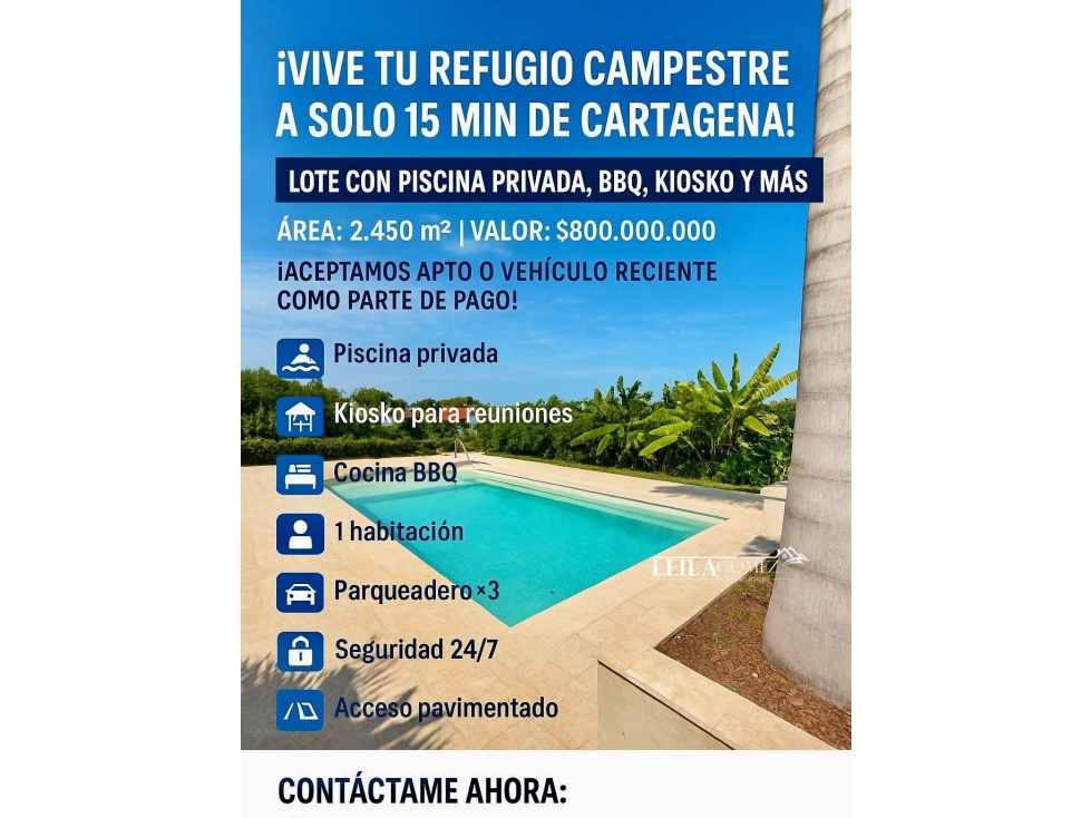 ¡EXCLUSIVA PROPIEDAD CAMPESTRE EN VENTA!A SOLO 15 MIN DE CARTAGENA
