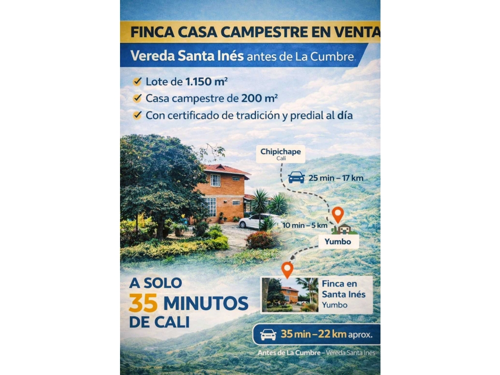 Finca en Venta Yumbo Santa Inés 1150 m² Casa Campestre Antes cumbre - 1