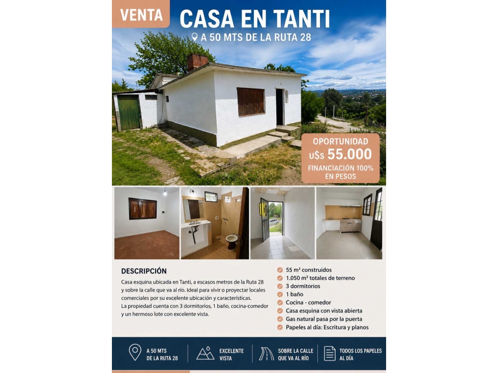OPORTUNIDAD CASA EN TANTI A PASOS DE LA RUTA FINANCIA EN PESOS