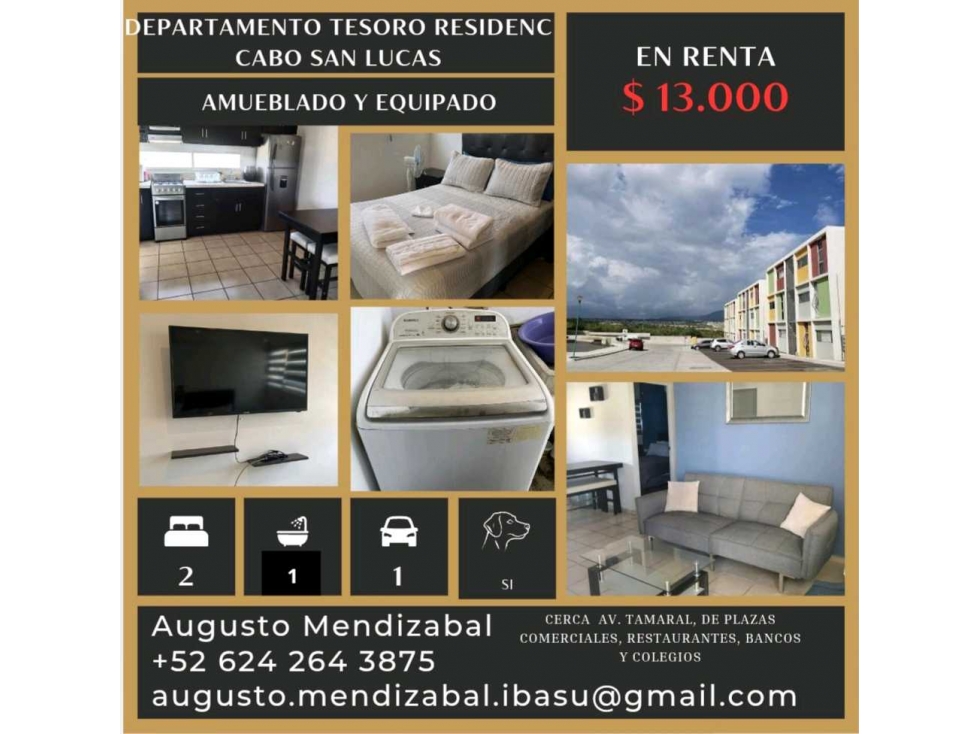 Renta Departamento Tesoro Residencial. Cabo San.Lucas