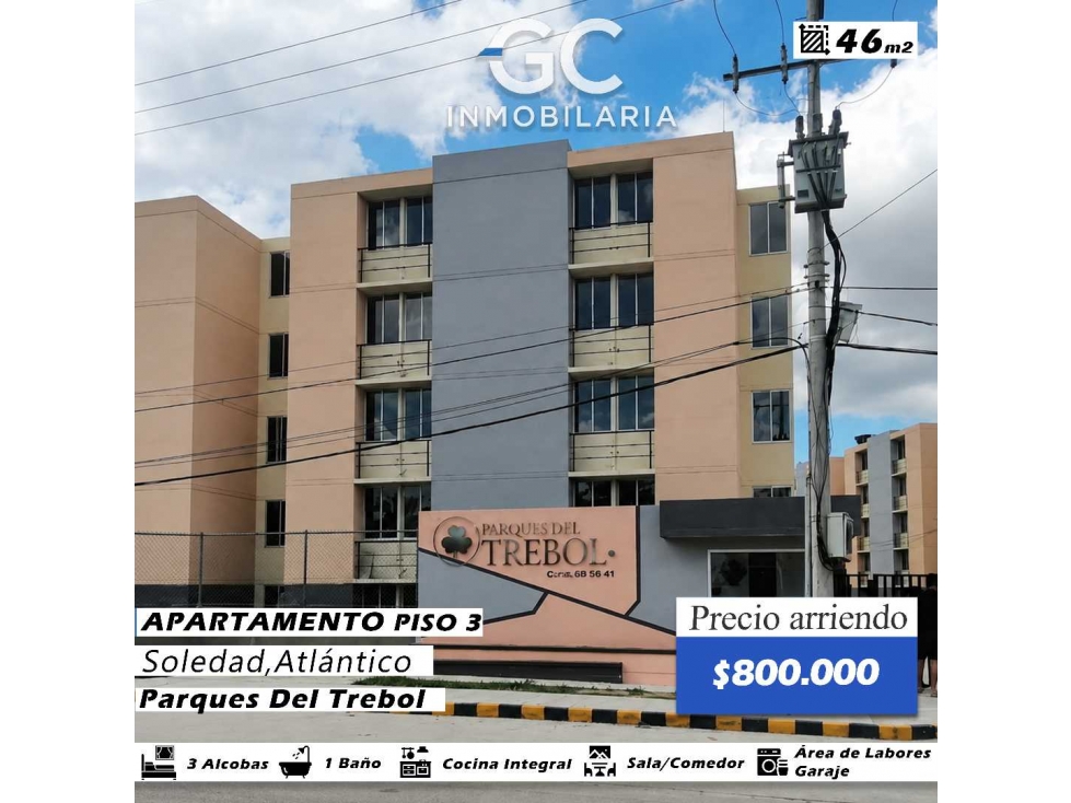 Se arrienda apartamento piso 3 parques del trébol