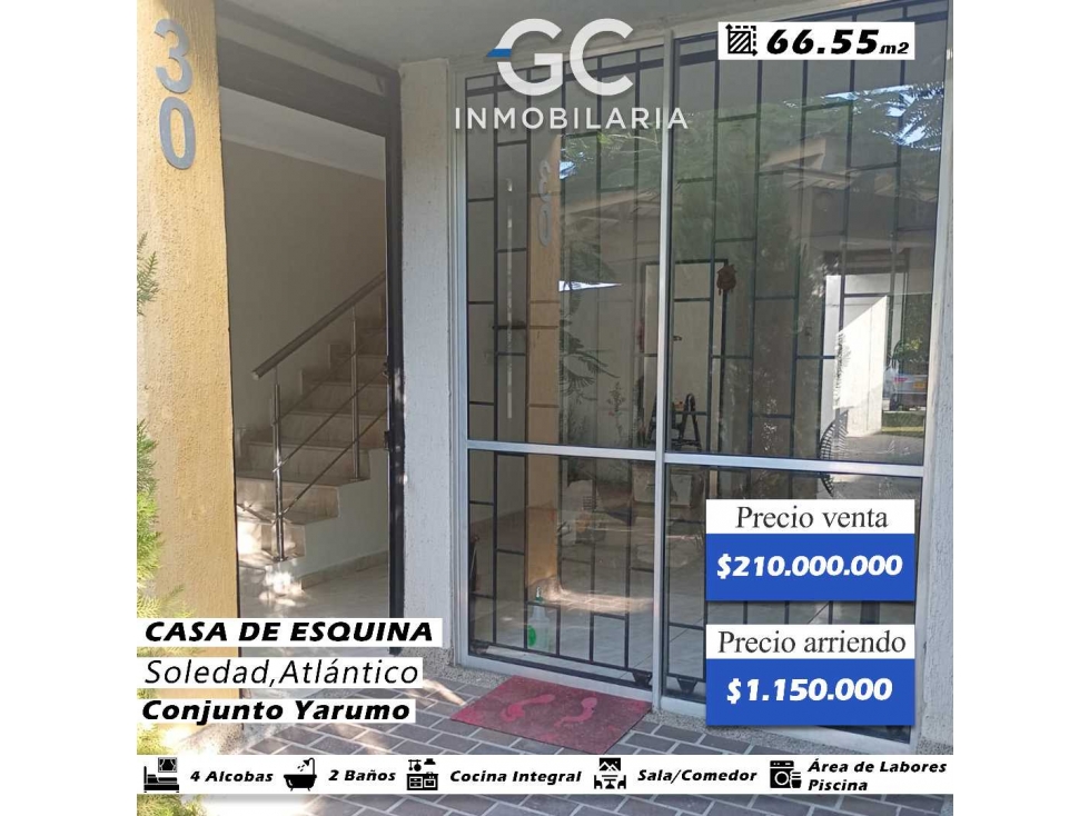 Se vende o se arrienda casa de esquina conjunto yarumo