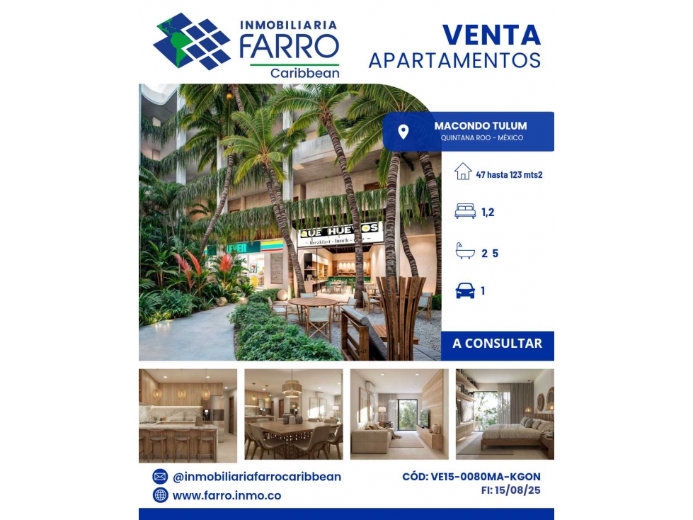 VENDE APARTAMENTOS.MACONDO TULUM MEXICO. VE15 0080MA KGON