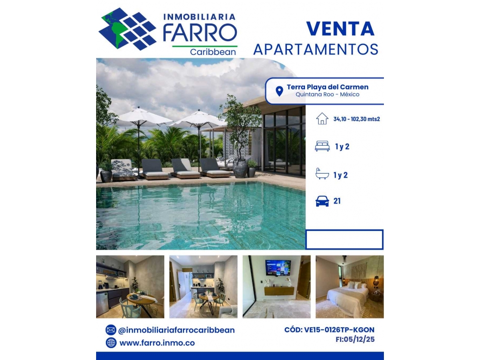 VENDE.APARTAMENTO TERRA PLAYA DEL CARMEN QUINTANA ROO VE15 0126TP KGON