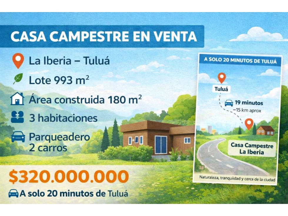 Vendo casa campestre en tulua la iberia a 20 minutos lote 998 m2