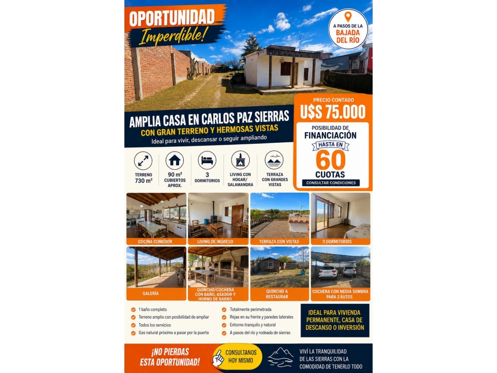 CASA EN CARLOS PAZ SIERRAS A PASOS DEL RÍO FINANCIA 60 CUOTAS