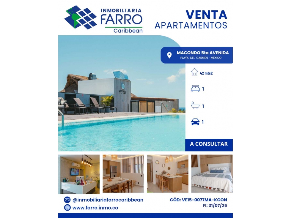 VENTA APARTAMENTOS EN MACONDO PLAYA DEL.CARMEN.MEXICO VE15-0077MA-KGON